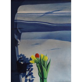 Niebieskie okno z tulipanami